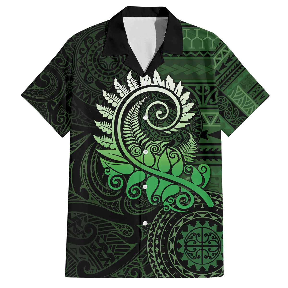 New Zealand Maori Koru Fern Family Matching Off Shoulder Short Dress and Hawaiian Shirt Spiral Polynesian Style Green LT05 Dad's Shirt - Short Sleeve Green - Polynesian Pride