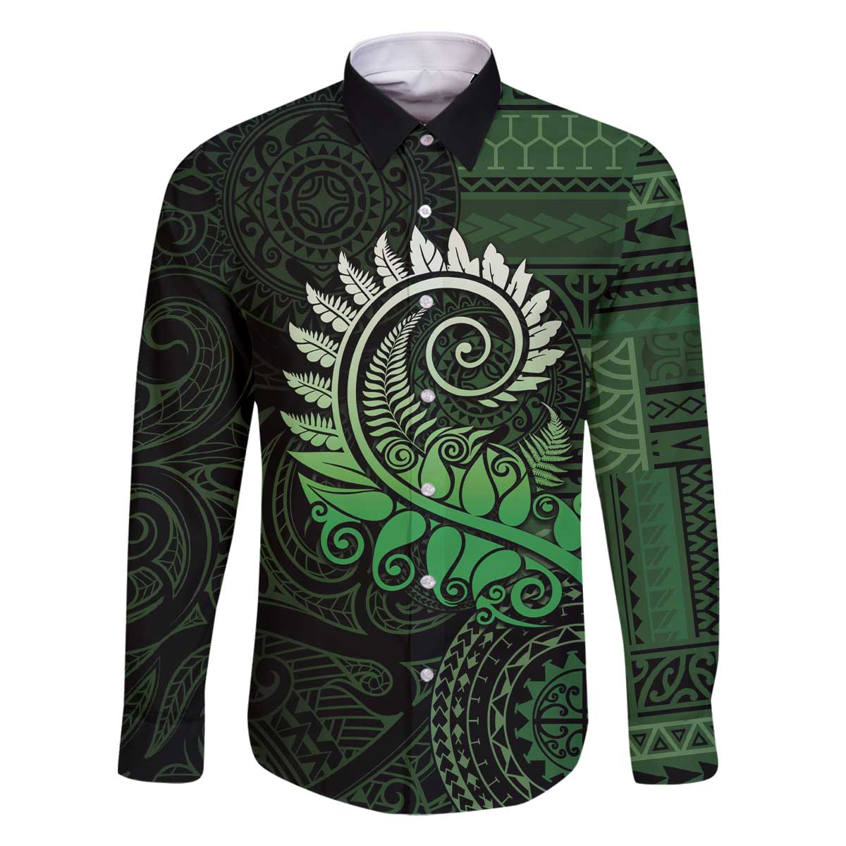 New Zealand Maori Koru Fern Family Matching Off Shoulder Short Dress and Hawaiian Shirt Spiral Polynesian Style Green LT05 Dad's Shirt - Long Sleeve Green - Polynesian Pride