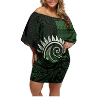 New Zealand Maori Koru Fern Family Matching Off Shoulder Short Dress and Hawaiian Shirt Spiral Polynesian Style Green LT05 Mom's Dress Green - Polynesian Pride