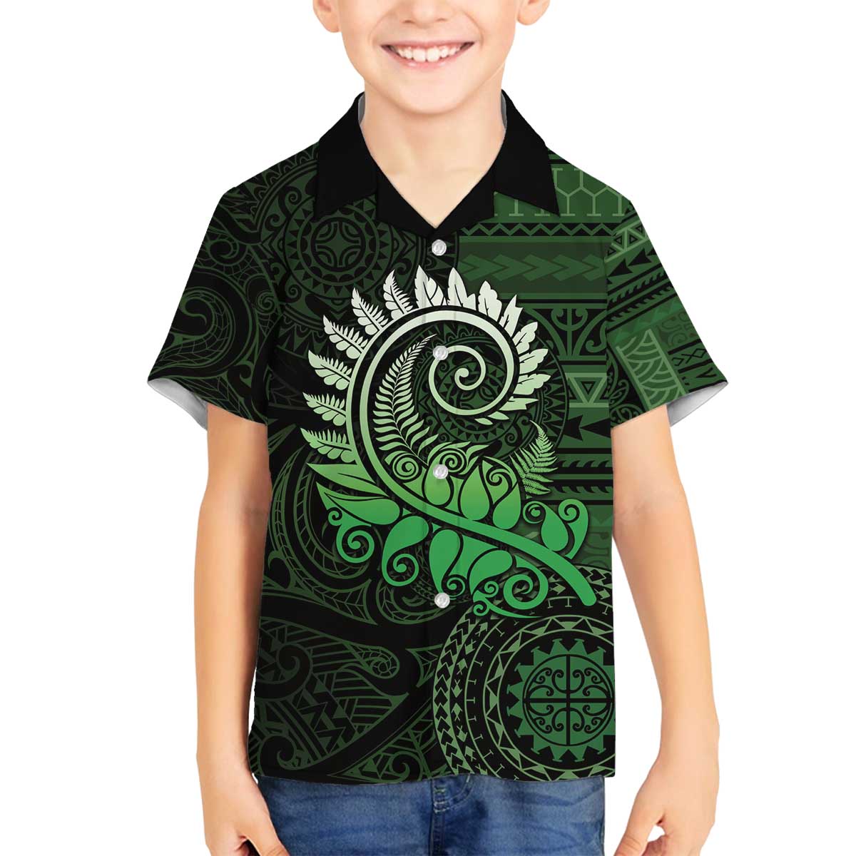 New Zealand Maori Koru Fern Family Matching Off Shoulder Short Dress and Hawaiian Shirt Spiral Polynesian Style Green LT05 Son's Shirt Green - Polynesian Pride