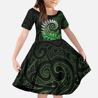 New Zealand Maori Koru Fern Family Matching Puletasi and Hawaiian Shirt Spiral Polynesian Style Green LT05 Daughter's Dress Green - Polynesian Pride