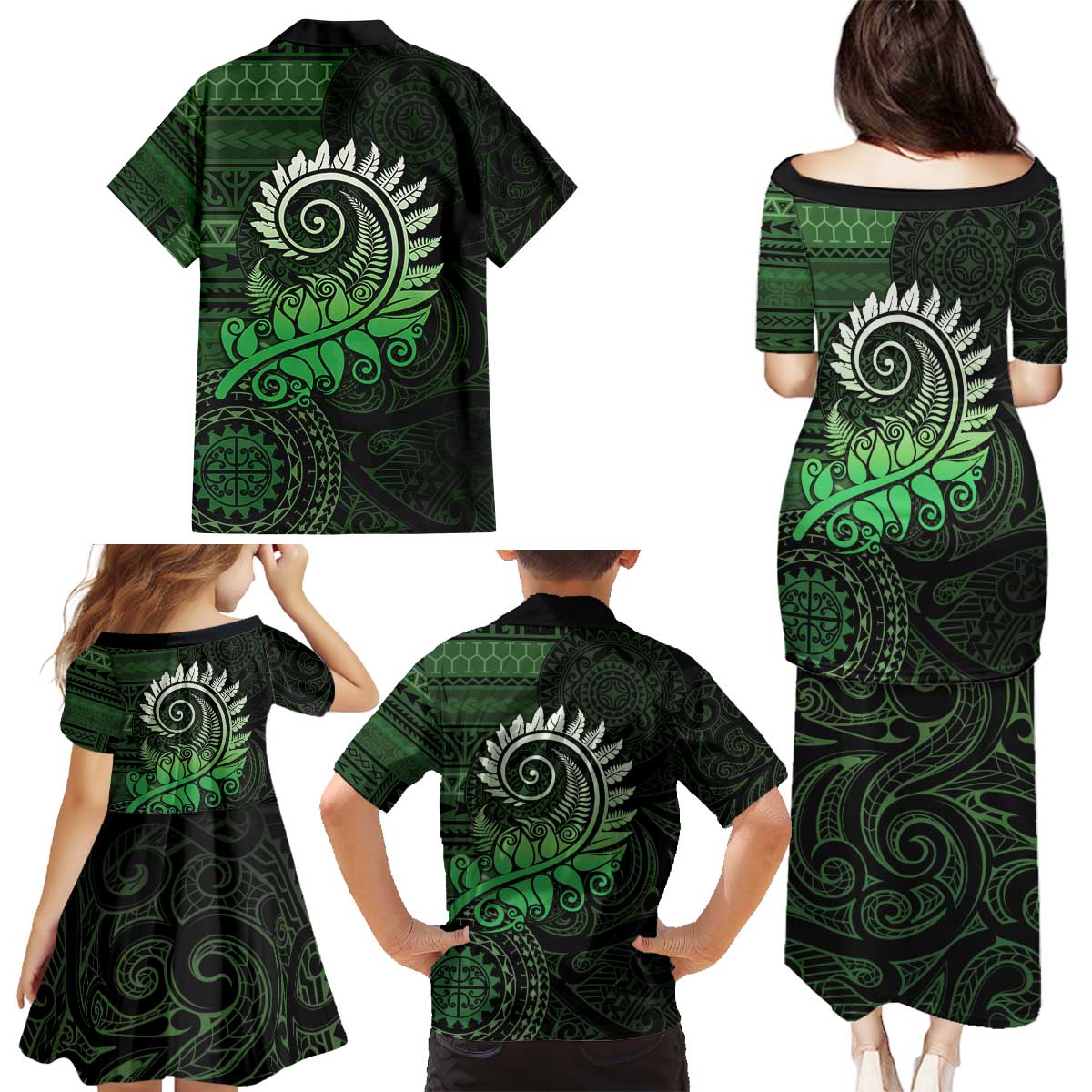 New Zealand Maori Koru Fern Family Matching Puletasi and Hawaiian Shirt Spiral Polynesian Style Green LT05 - Polynesian Pride