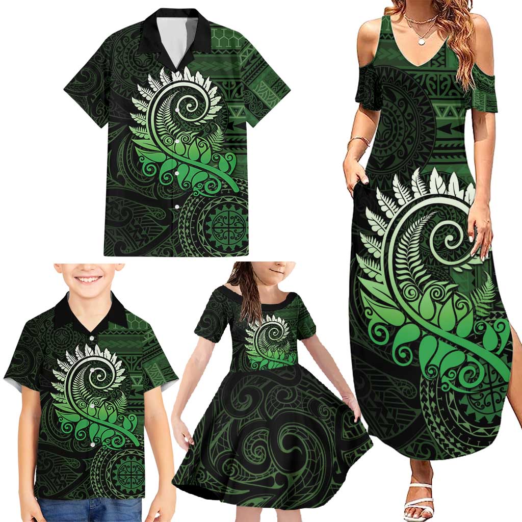 New Zealand Maori Koru Fern Family Matching Summer Maxi Dress and Hawaiian Shirt Spiral Polynesian Style Green LT05 - Polynesian Pride