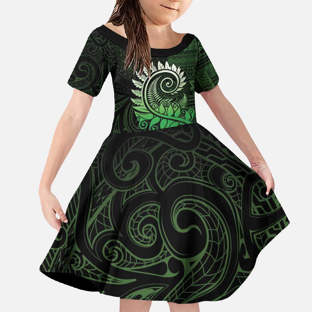 New Zealand Maori Koru Fern Family Matching Tank Maxi Dress and Hawaiian Shirt Spiral Polynesian Style Green LT05 Daughter's Dress Green - Polynesian Pride