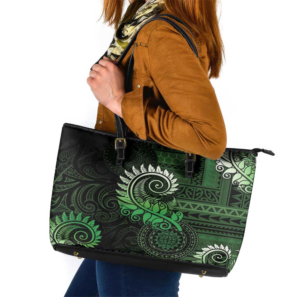 New Zealand Maori Koru Fern Leather Tote Bag Spiral Polynesian Style Green LT05 Green - Polynesian Pride