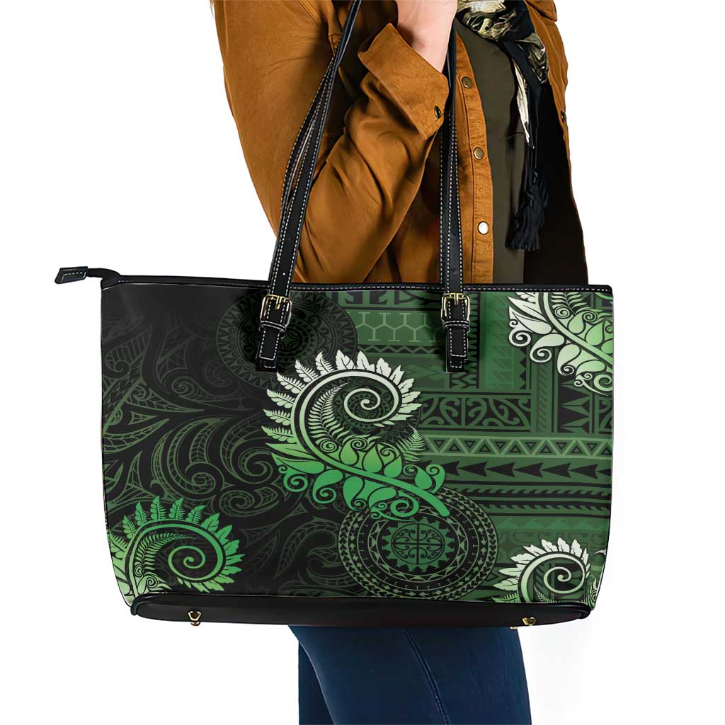 New Zealand Maori Koru Fern Leather Tote Bag Spiral Polynesian Style Green LT05 - Polynesian Pride