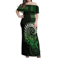 New Zealand Maori Koru Fern Off Shoulder Maxi Dress Spiral Polynesian Style Green LT05 Women Green - Polynesian Pride