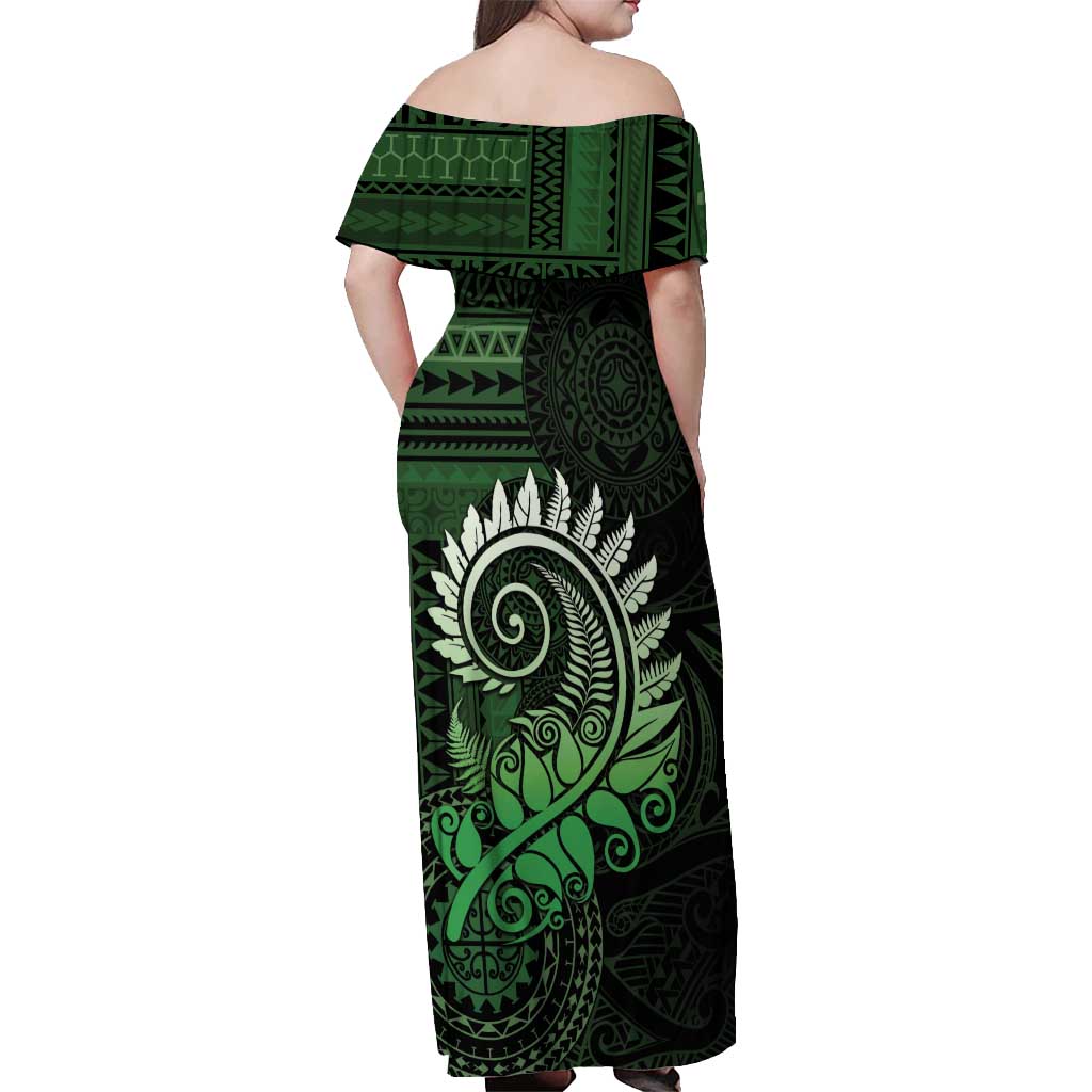 New Zealand Maori Koru Fern Off Shoulder Maxi Dress Spiral Polynesian Style Green LT05 - Polynesian Pride