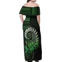 New Zealand Maori Koru Fern Off Shoulder Maxi Dress Spiral Polynesian Style Green LT05 - Polynesian Pride