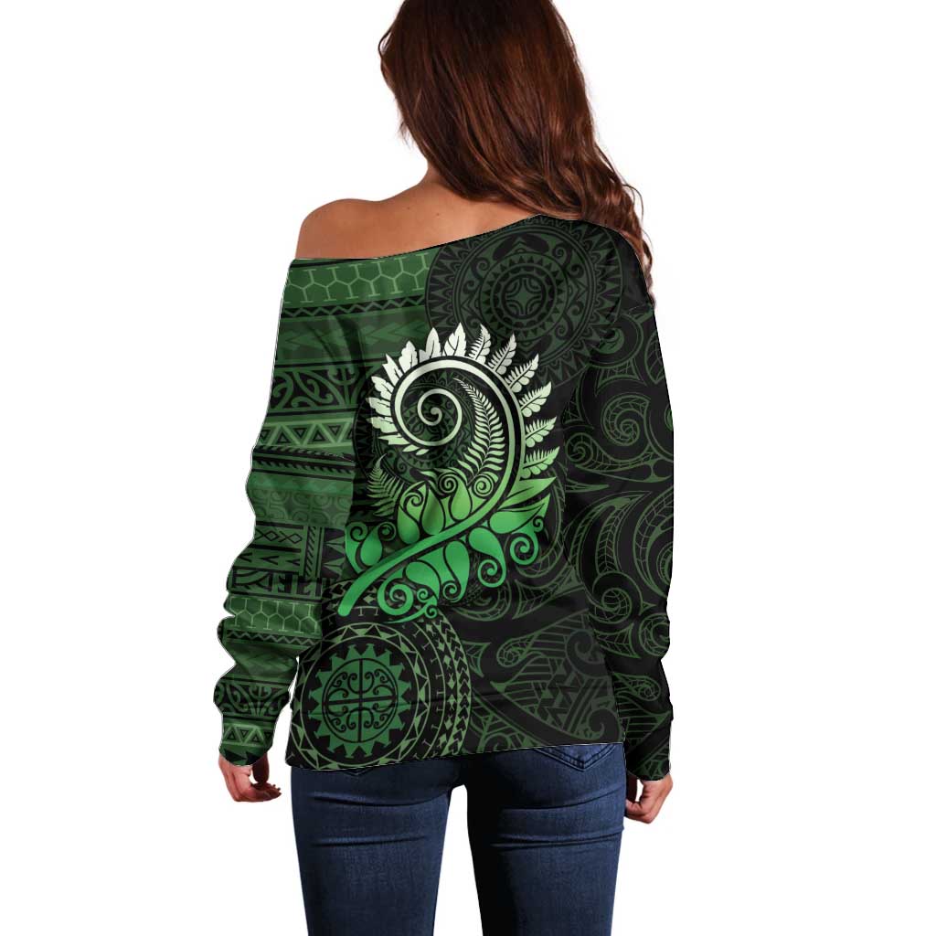 New Zealand Maori Koru Fern Off Shoulder Sweater Spiral Polynesian Style Green LT05 - Polynesian Pride