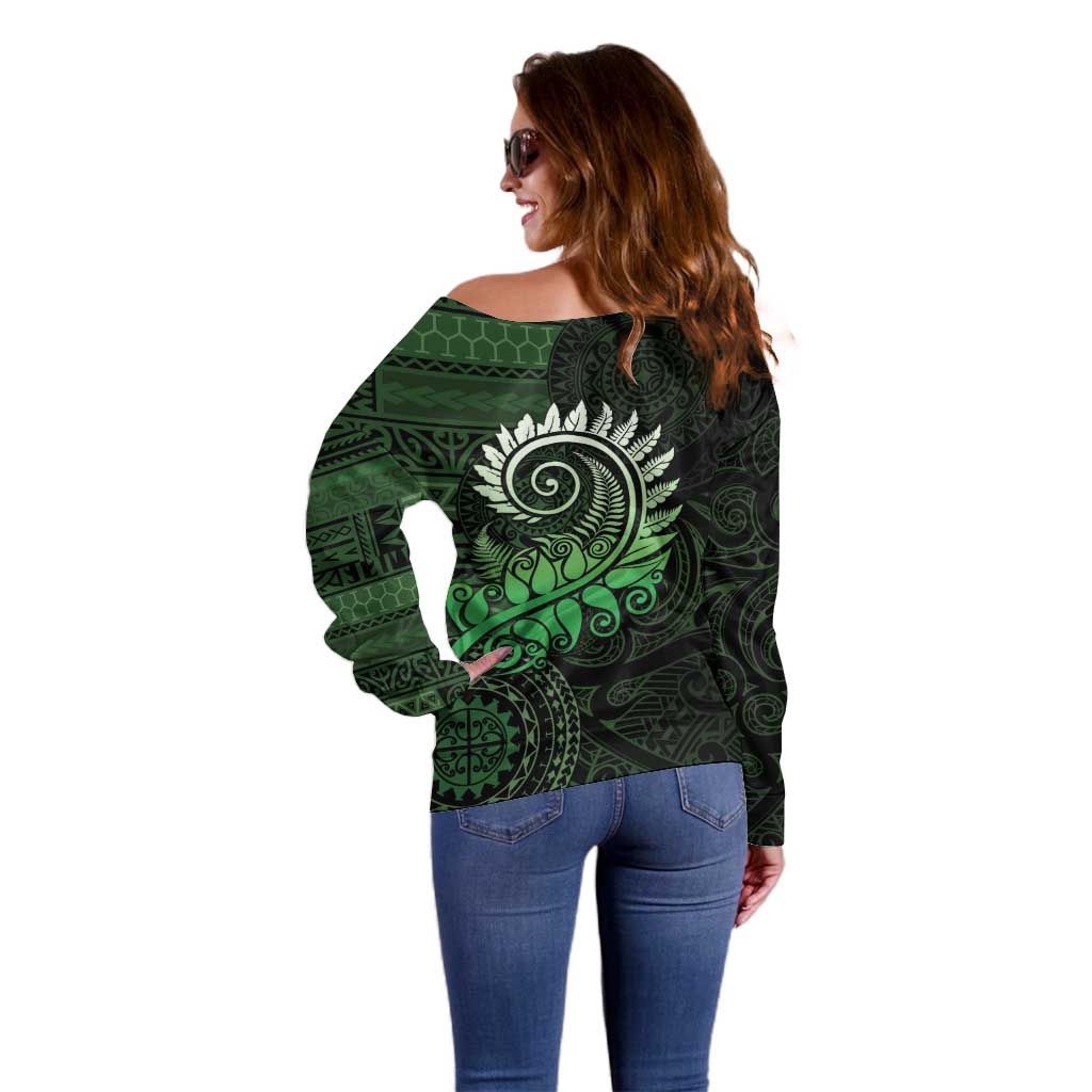 New Zealand Maori Koru Fern Off Shoulder Sweater Spiral Polynesian Style Green LT05 - Polynesian Pride