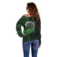 New Zealand Maori Koru Fern Off Shoulder Sweater Spiral Polynesian Style Green LT05 - Polynesian Pride