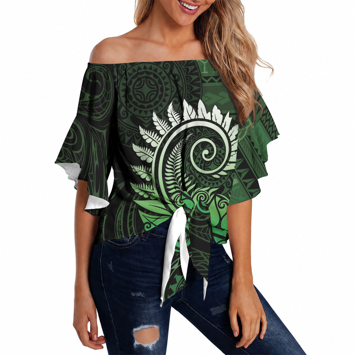 New Zealand Maori Koru Fern Off Shoulder Wrap Waist Top Spiral Polynesian Style Green LT05 - Polynesian Pride