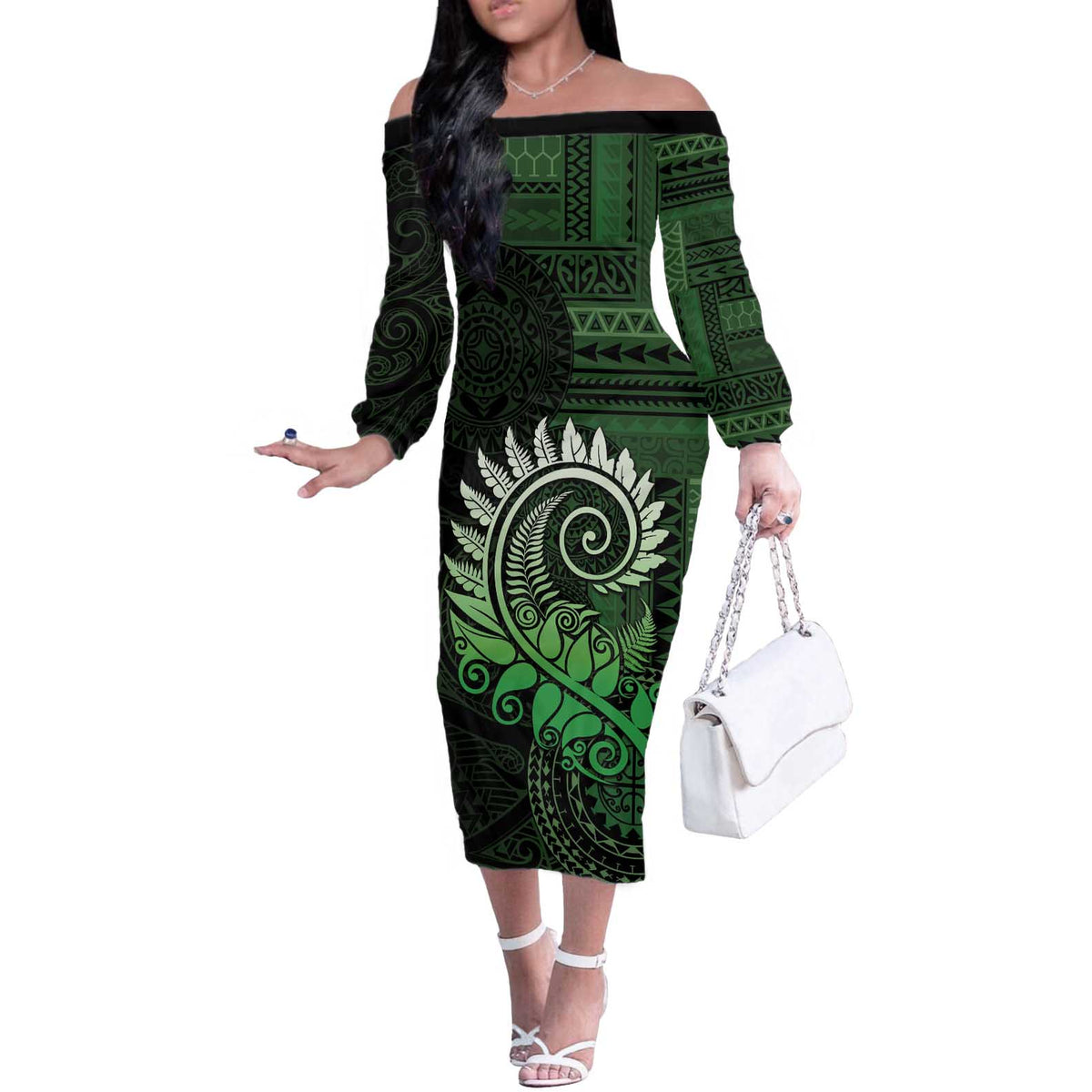 New Zealand Maori Koru Fern Off The Shoulder Long Sleeve Dress Spiral Polynesian Style Green LT05 Women Green - Polynesian Pride