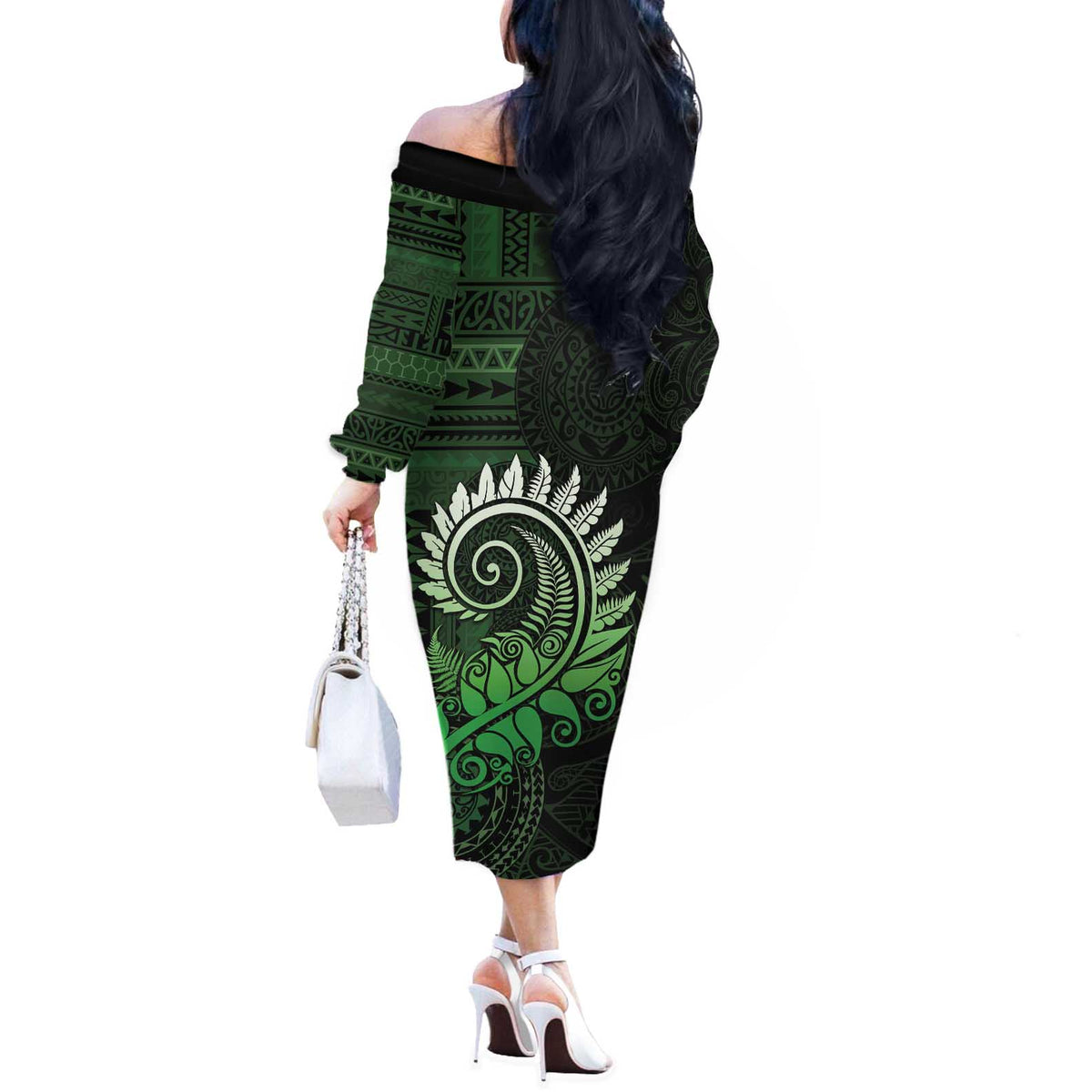 New Zealand Maori Koru Fern Off The Shoulder Long Sleeve Dress Spiral Polynesian Style Green LT05 - Polynesian Pride