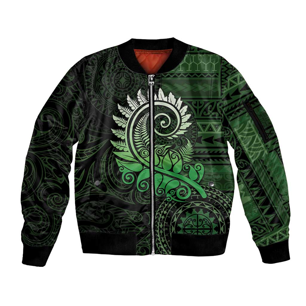 New Zealand Maori Koru Fern Sleeve Zip Bomber Jacket Spiral Polynesian Style Green LT05 Unisex Green - Polynesian Pride