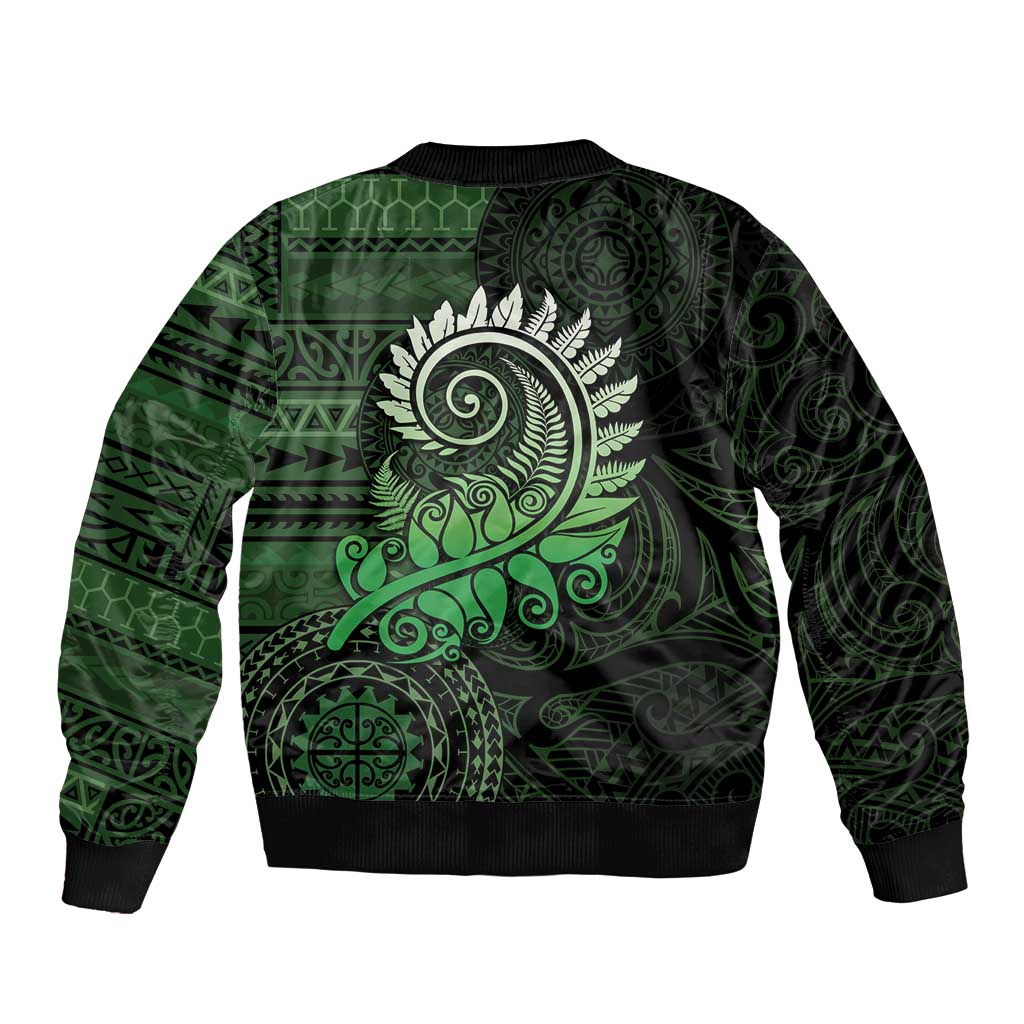 New Zealand Maori Koru Fern Sleeve Zip Bomber Jacket Spiral Polynesian Style Green LT05 - Polynesian Pride
