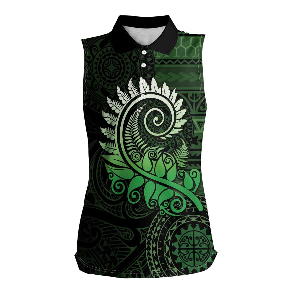 New Zealand Maori Koru Fern Women Sleeveless Polo Shirt Spiral Polynesian Style Green LT05 Female Green - Polynesian Pride