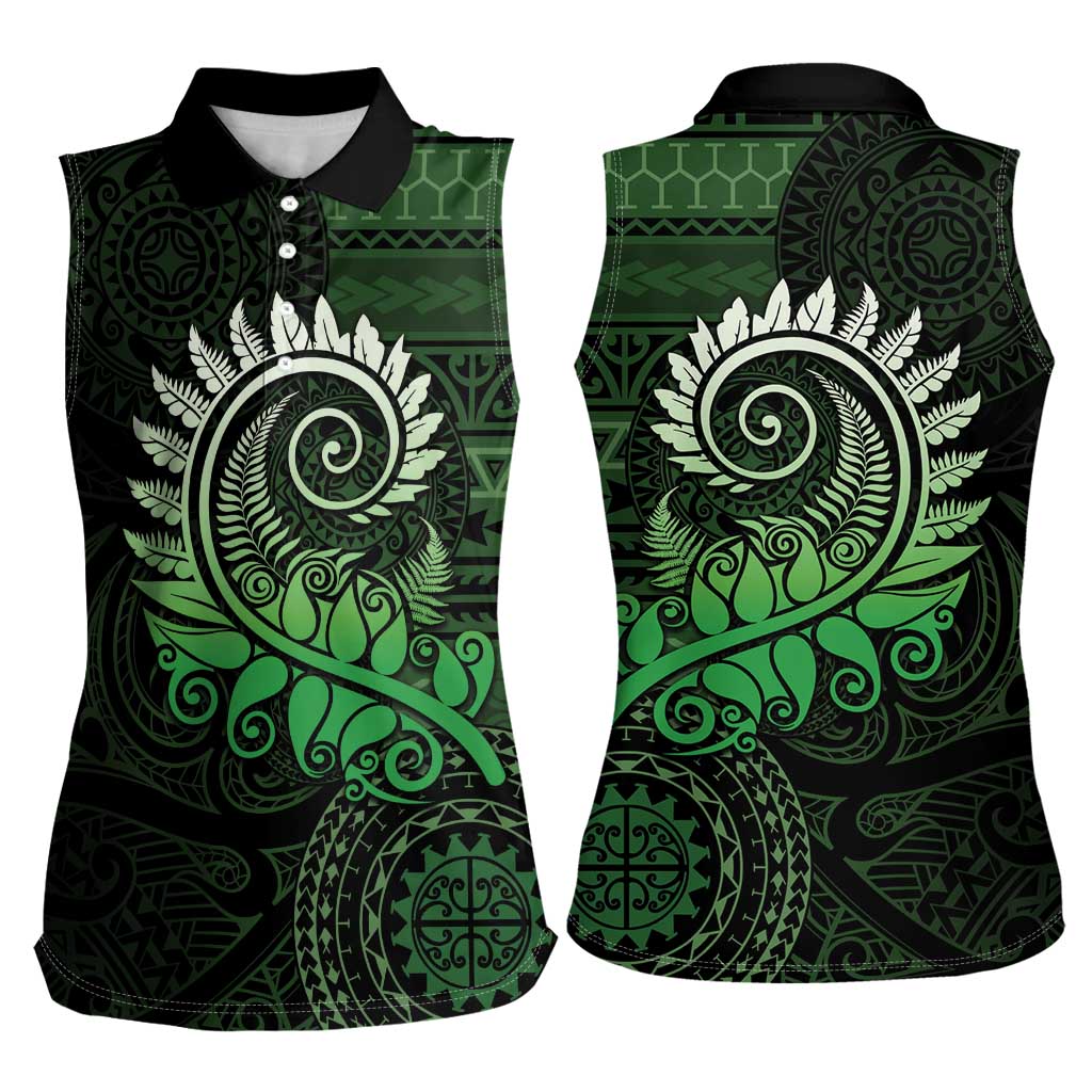 New Zealand Maori Koru Fern Women Sleeveless Polo Shirt Spiral Polynesian Style Green LT05 - Polynesian Pride