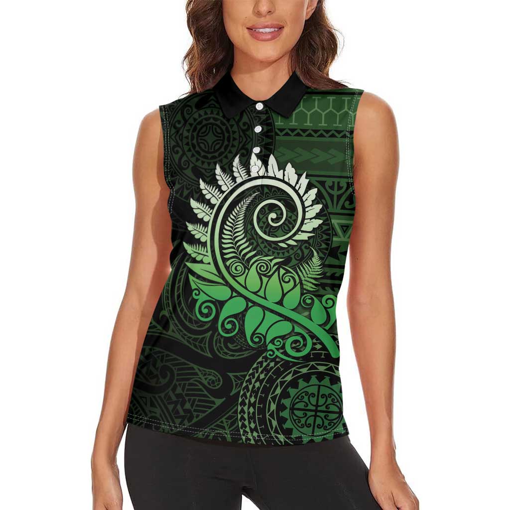 New Zealand Maori Koru Fern Women Sleeveless Polo Shirt Spiral Polynesian Style Green LT05 - Polynesian Pride