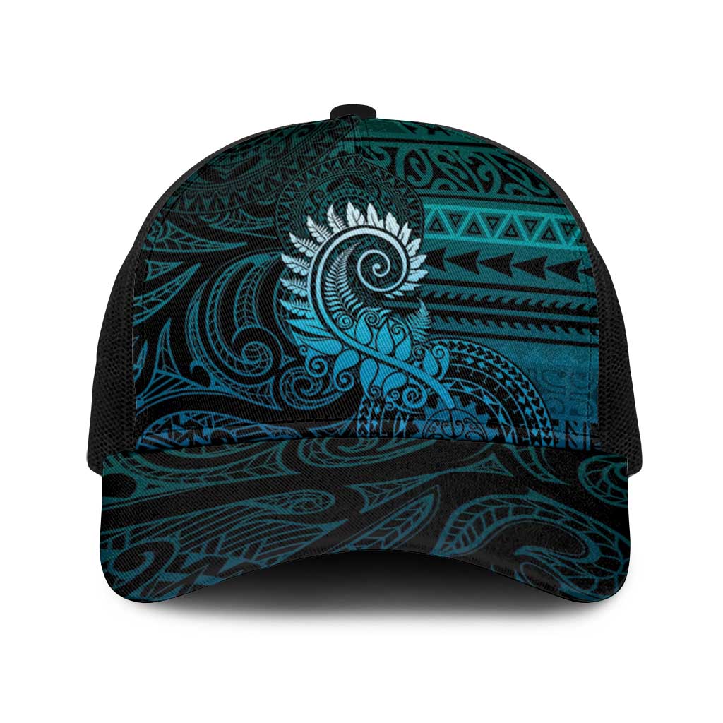New Zealand Maori Koru Fern Baseball Net Cap Spiral Polynesian Style Aqua Gradient - Polynesian Pride