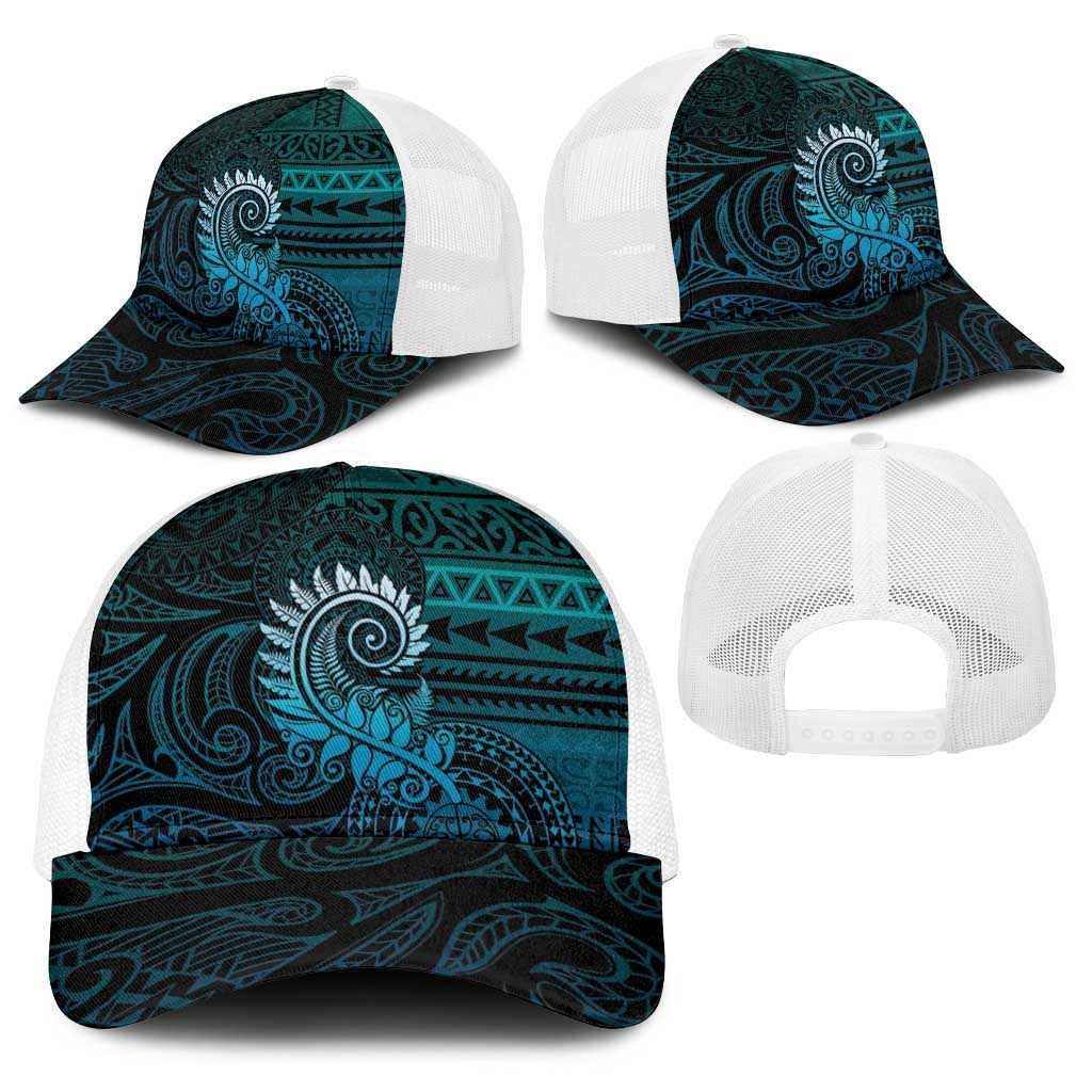 New Zealand Maori Koru Fern Baseball Net Cap Spiral Polynesian Style Aqua Gradient - Polynesian Pride