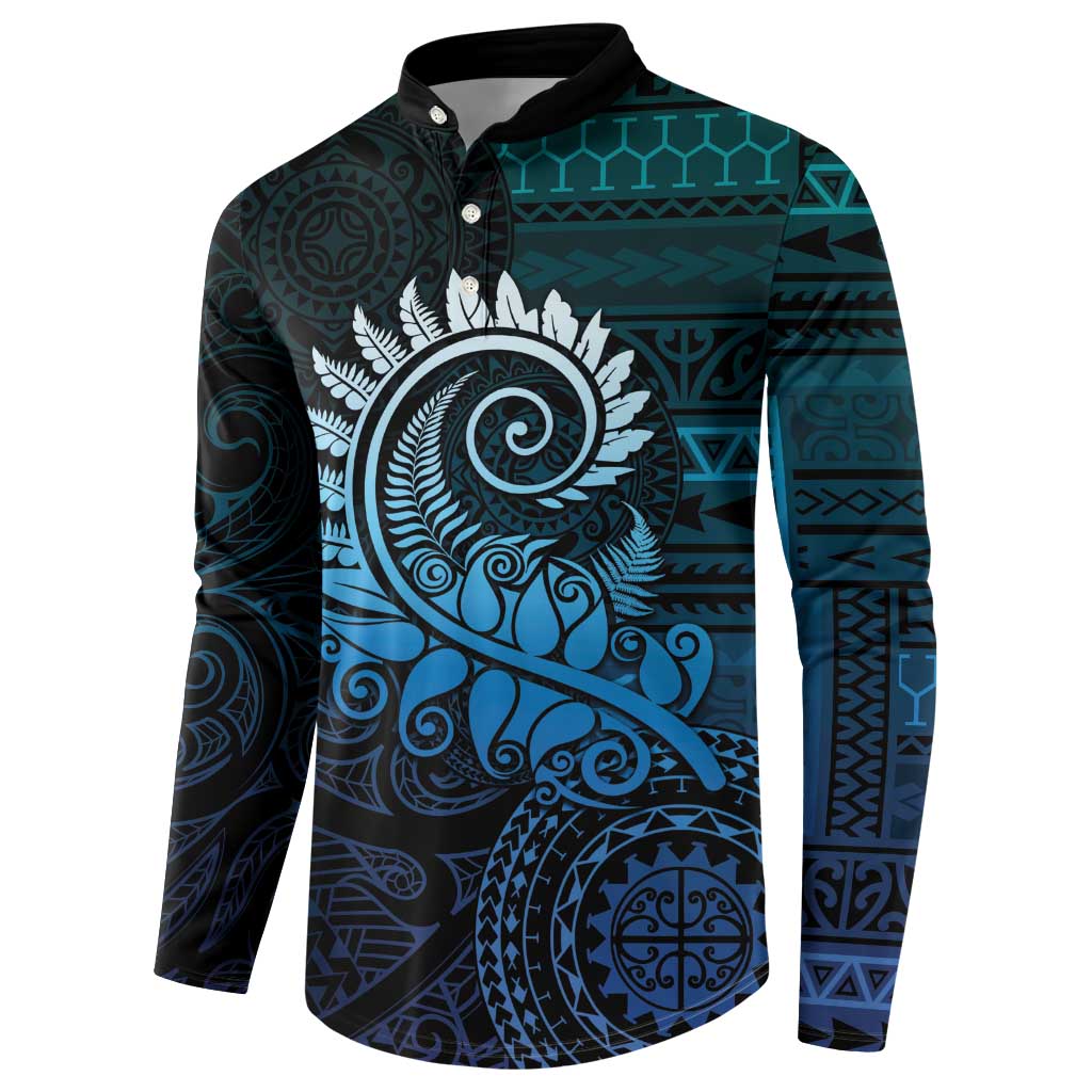 New Zealand Maori Koru Fern Button Sweatshirt Spiral Polynesian Style Aqua Gradient