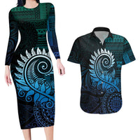 New Zealand Maori Koru Fern Couples Matching Long Sleeve Bodycon Dress and Hawaiian Shirt Spiral Polynesian Style Aqua Gradient LT05 Aqua - Polynesian Pride