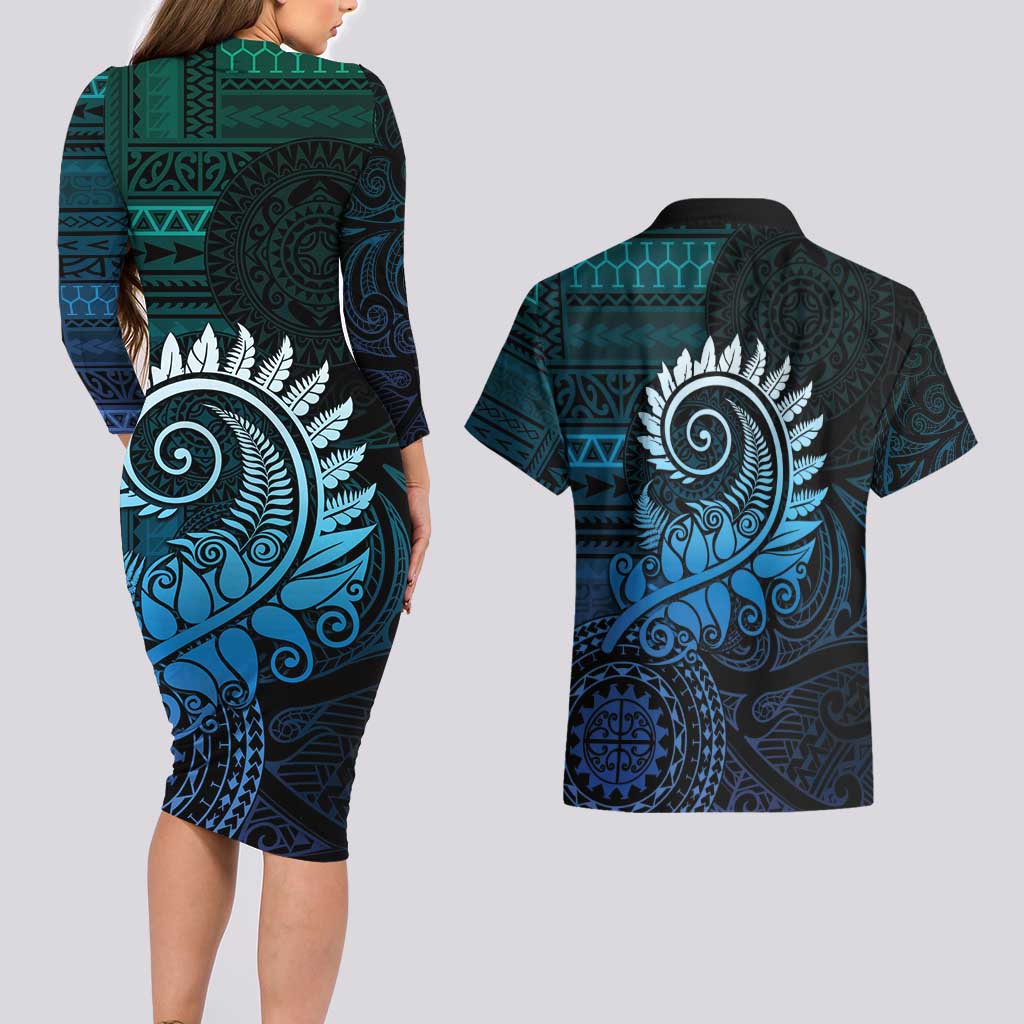New Zealand Maori Koru Fern Couples Matching Long Sleeve Bodycon Dress and Hawaiian Shirt Spiral Polynesian Style Aqua Gradient LT05 - Polynesian Pride