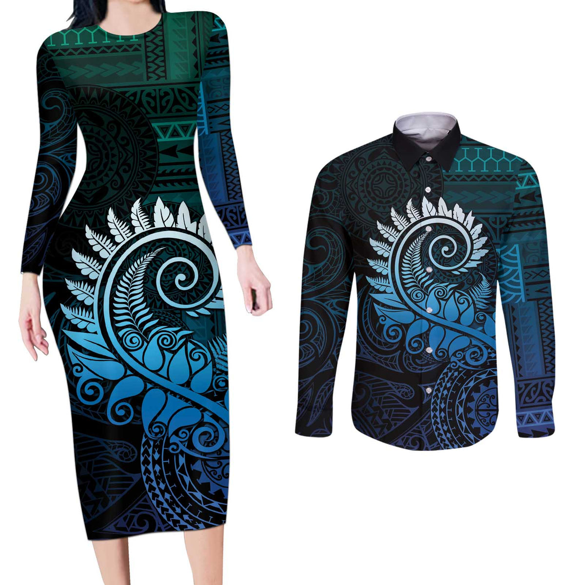 New Zealand Maori Koru Fern Couples Matching Long Sleeve Bodycon Dress and Long Sleeve Button Shirt Spiral Polynesian Style Aqua Gradient LT05 Aqua - Polynesian Pride