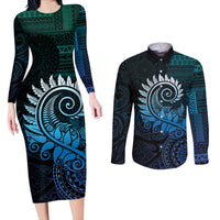 New Zealand Maori Koru Fern Couples Matching Long Sleeve Bodycon Dress and Long Sleeve Button Shirt Spiral Polynesian Style Aqua Gradient LT05 Aqua - Polynesian Pride
