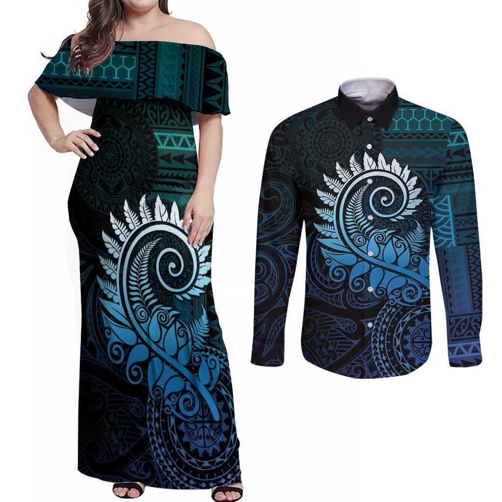 New Zealand Maori Koru Fern Couples Matching Off Shoulder Maxi Dress and Long Sleeve Button Shirt Spiral Polynesian Style Aqua Gradient LT05 Aqua - Polynesian Pride