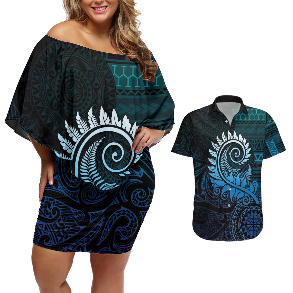 New Zealand Maori Koru Fern Couples Matching Off Shoulder Short Dress and Hawaiian Shirt Spiral Polynesian Style Aqua Gradient LT05 Aqua - Polynesian Pride