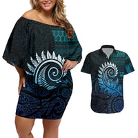 New Zealand Maori Koru Fern Couples Matching Off Shoulder Short Dress and Hawaiian Shirt Spiral Polynesian Style Aqua Gradient LT05 Aqua - Polynesian Pride
