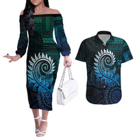 New Zealand Maori Koru Fern Couples Matching Off The Shoulder Long Sleeve Dress and Hawaiian Shirt Spiral Polynesian Style Aqua Gradient LT05 Aqua - Polynesian Pride