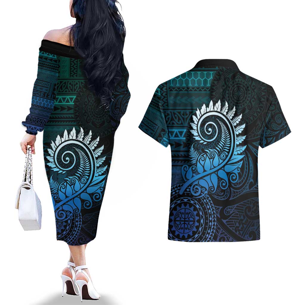New Zealand Maori Koru Fern Couples Matching Off The Shoulder Long Sleeve Dress and Hawaiian Shirt Spiral Polynesian Style Aqua Gradient LT05 - Polynesian Pride