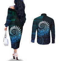 New Zealand Maori Koru Fern Couples Matching Off The Shoulder Long Sleeve Dress and Long Sleeve Button Shirt Spiral Polynesian Style Aqua Gradient LT05 - Polynesian Pride