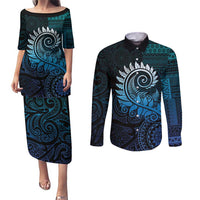 New Zealand Maori Koru Fern Couples Matching Puletasi and Long Sleeve Button Shirt Spiral Polynesian Style Aqua Gradient LT05 Aqua - Polynesian Pride