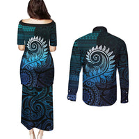 New Zealand Maori Koru Fern Couples Matching Puletasi and Long Sleeve Button Shirt Spiral Polynesian Style Aqua Gradient LT05 - Polynesian Pride