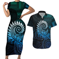 New Zealand Maori Koru Fern Couples Matching Short Sleeve Bodycon Dress and Hawaiian Shirt Spiral Polynesian Style Aqua Gradient LT05 Aqua - Polynesian Pride