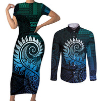 New Zealand Maori Koru Fern Couples Matching Short Sleeve Bodycon Dress and Long Sleeve Button Shirt Spiral Polynesian Style Aqua Gradient LT05 Aqua - Polynesian Pride