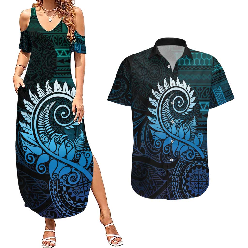 New Zealand Maori Koru Fern Couples Matching Summer Maxi Dress and Hawaiian Shirt Spiral Polynesian Style Aqua Gradient LT05 Aqua - Polynesian Pride