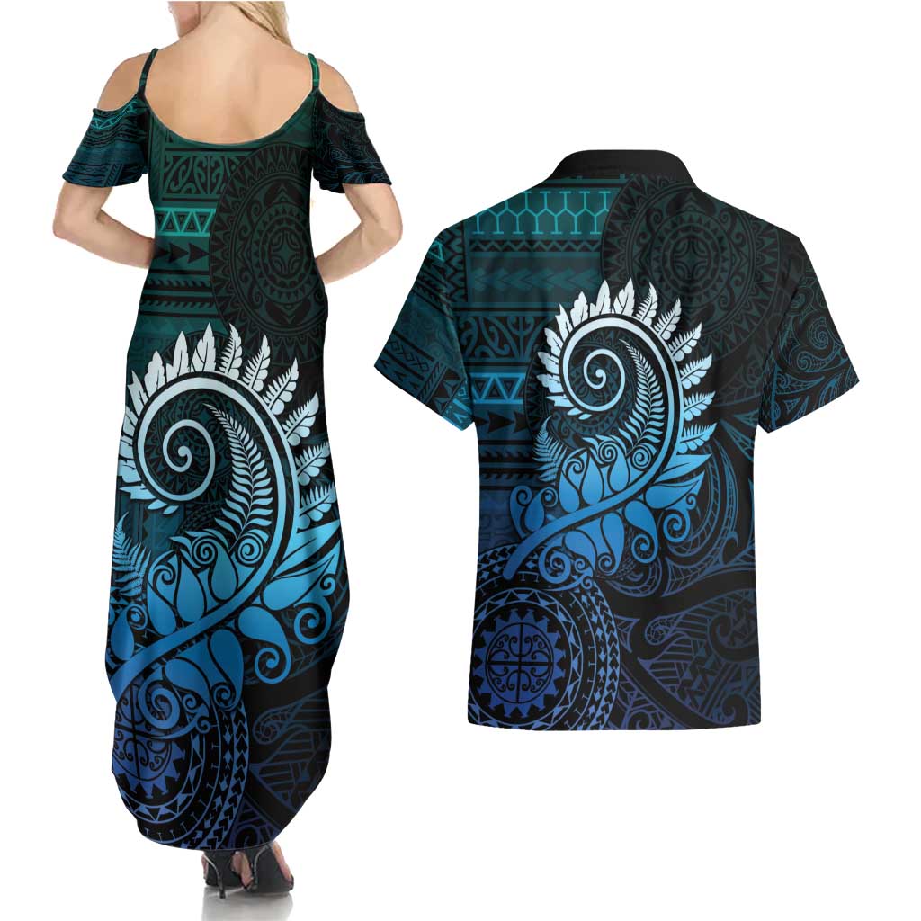 New Zealand Maori Koru Fern Couples Matching Summer Maxi Dress and Hawaiian Shirt Spiral Polynesian Style Aqua Gradient LT05 - Polynesian Pride