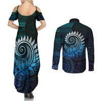 New Zealand Maori Koru Fern Couples Matching Summer Maxi Dress and Long Sleeve Button Shirt Spiral Polynesian Style Aqua Gradient LT05 - Polynesian Pride