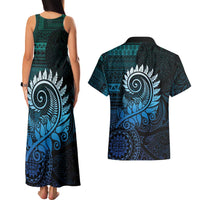 New Zealand Maori Koru Fern Couples Matching Tank Maxi Dress and Hawaiian Shirt Spiral Polynesian Style Aqua Gradient LT05 - Polynesian Pride