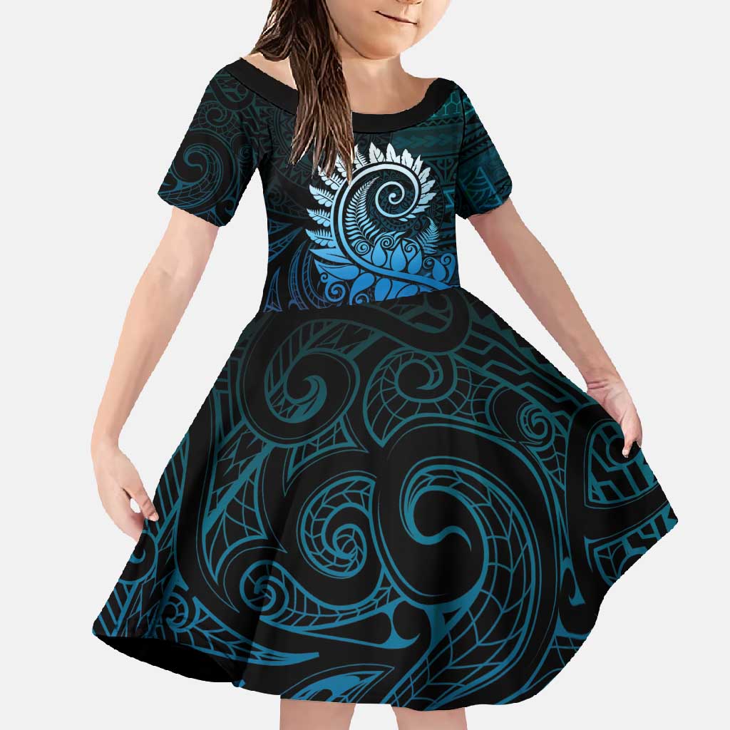 New Zealand Maori Koru Fern Family Matching Mermaid Dress and Hawaiian Shirt Spiral Polynesian Style Aqua Gradient LT05 Daughter's Dress Aqua - Polynesian Pride