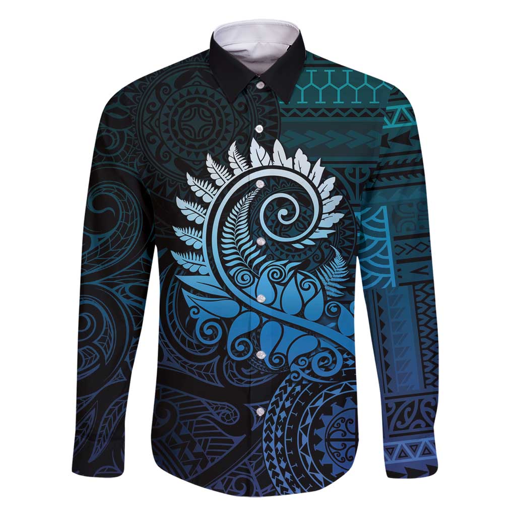 New Zealand Maori Koru Fern Family Matching Mermaid Dress and Hawaiian Shirt Spiral Polynesian Style Aqua Gradient LT05 Dad's Shirt - Long Sleeve Aqua - Polynesian Pride
