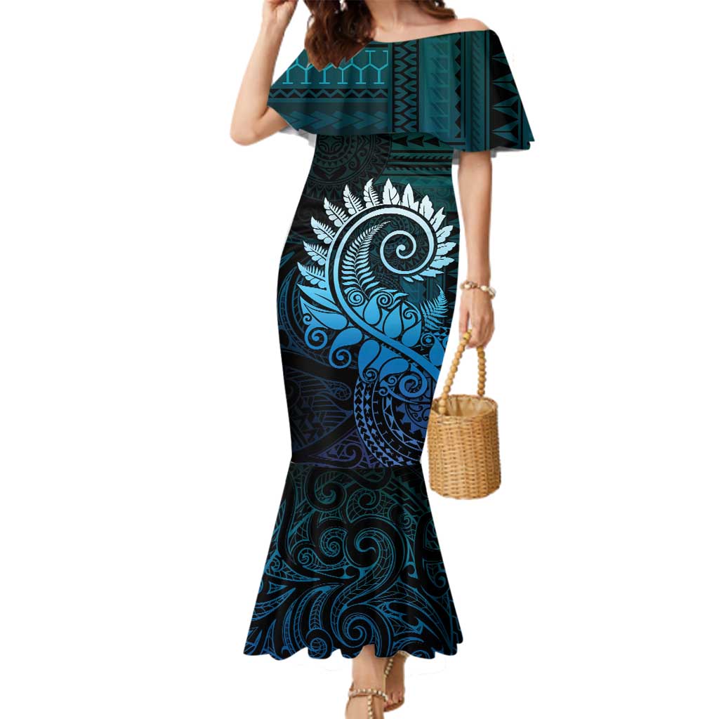 New Zealand Maori Koru Fern Family Matching Mermaid Dress and Hawaiian Shirt Spiral Polynesian Style Aqua Gradient LT05 Mom's Dress Aqua - Polynesian Pride