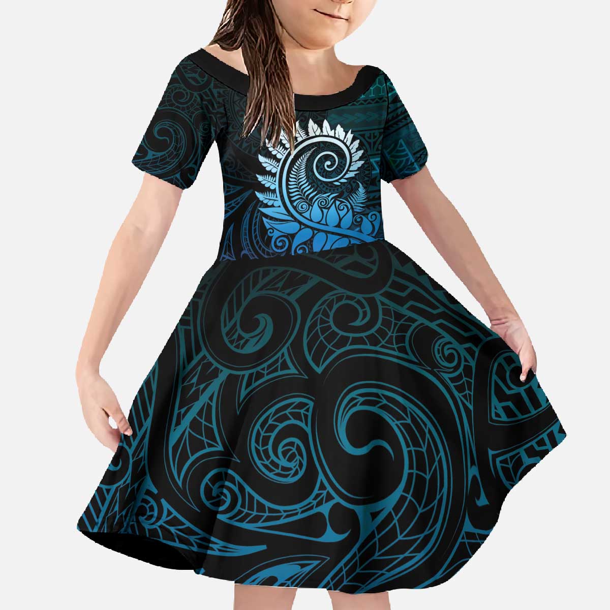 New Zealand Maori Koru Fern Family Matching Off The Shoulder Long Sleeve Dress and Hawaiian Shirt Spiral Polynesian Style Aqua Gradient LT05 Daughter's Dress Aqua - Polynesian Pride