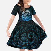 New Zealand Maori Koru Fern Family Matching Off The Shoulder Long Sleeve Dress and Hawaiian Shirt Spiral Polynesian Style Aqua Gradient LT05 Daughter's Dress Aqua - Polynesian Pride